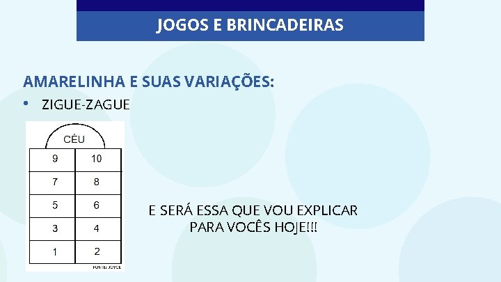 JOGOS E BRINCADEIRAS AMARELINHA E SUAS VARIAÇÕES: • ZIGUE-ZAGUE E SERÁ ESSA QUE VOU
