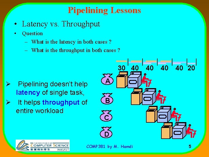 Pipelining Lessons • Latency vs. Throughput • Question – What is the latency in