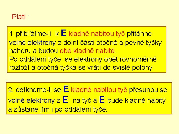 Platí : 1. přiblížíme-li k E kladně nabitou tyč přitáhne volné elektrony z dolní