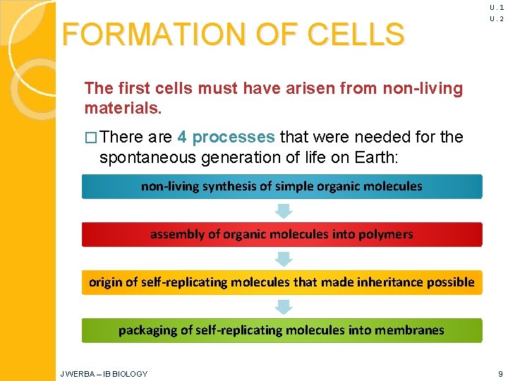 FORMATION OF CELLS U. 1 U. 2 The first cells must have arisen from