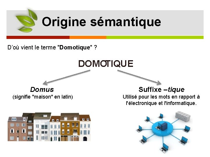Origine sémantique D’où vient le terme "Domotique" ? DOMOTIQUE Suffixe –tique (signifie "maison" en