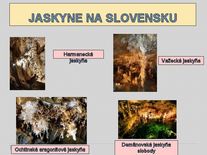 JASKYNE NA SLOVENSKU Harmanecká jaskyňa Ochtinská aragonitová jaskyňa Važecká jaskyňa Demänovská jaskyňa slobody 