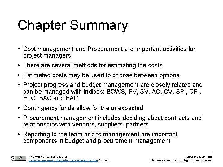 Chapter Summary • Cost management and Procurement are important activities for project managers •