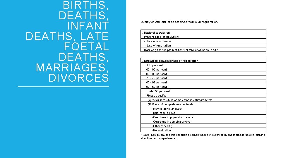 BIRTHS, DEATHS, INFANT DEATHS, LATE FOETAL DEATHS, MARRIAGES, DIVORCES Quality of vital statistics obtained