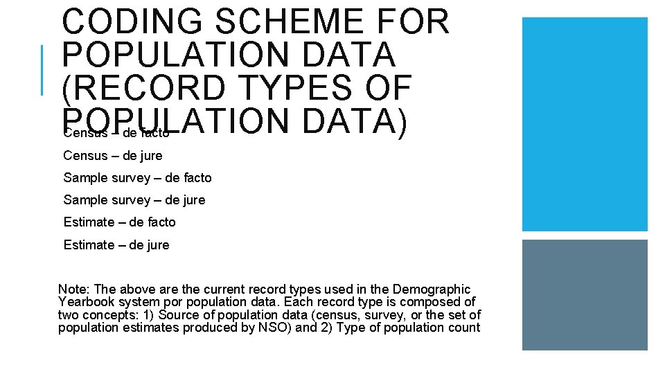 CODING SCHEME FOR POPULATION DATA (RECORD TYPES OF POPULATION DATA) Census – de facto