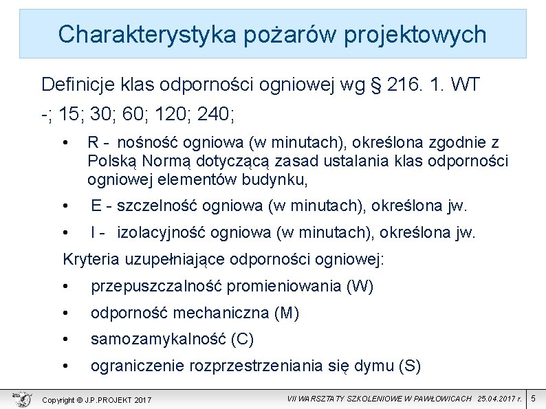 Charakterystyka pożarów projektowych Definicje klas odporności ogniowej wg § 216. 1. WT -; 15;