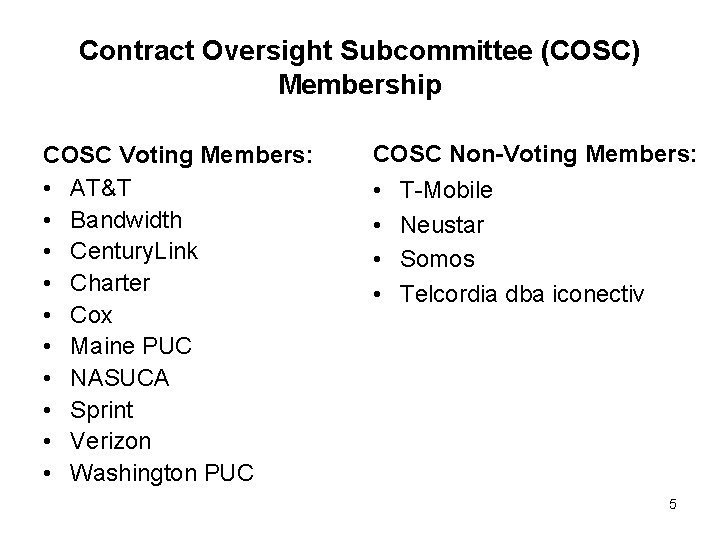 Contract Oversight Subcommittee (COSC) Membership COSC Voting Members: • AT&T • Bandwidth • Century.