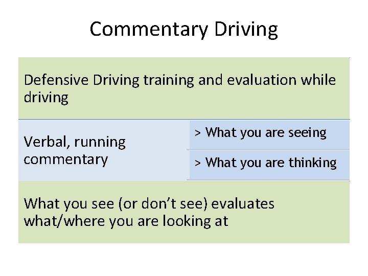 Commentary Driving Defensive Driving training and evaluation while driving Verbal, running commentary > What
