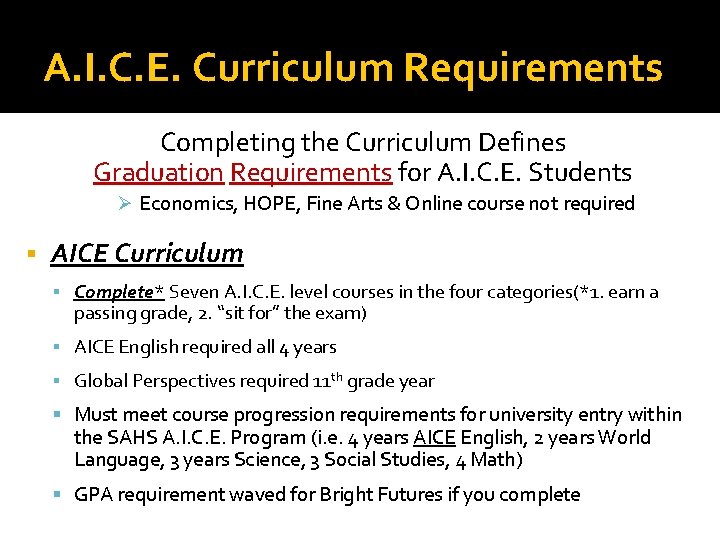 A. I. C. E. Curriculum Requirements Completing the Curriculum Defines Graduation Requirements for A.
