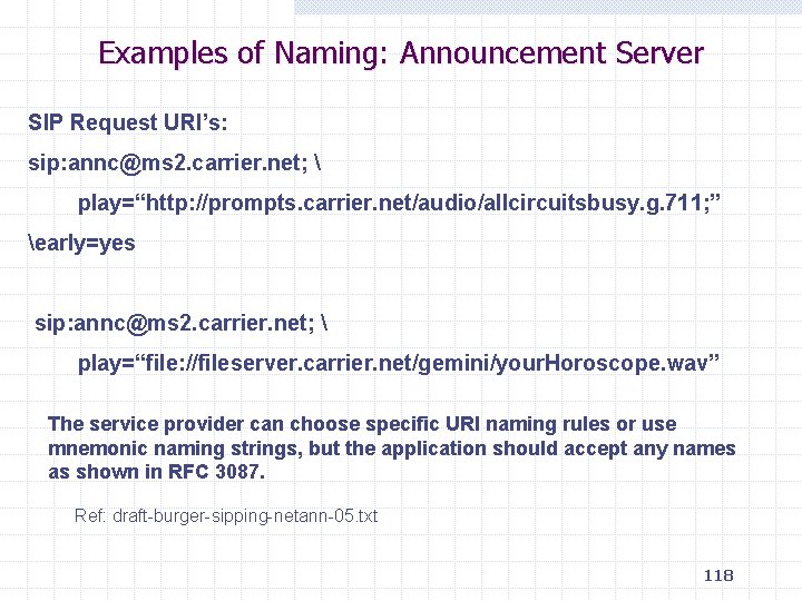 Examples of Naming: Announcement Server SIP Request URI’s: sip: annc@ms 2. carrier. net; 