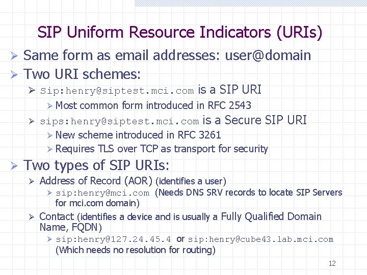 SIP Uniform Resource Indicators (URIs) Same form as email addresses: user@domain Ø Two URI