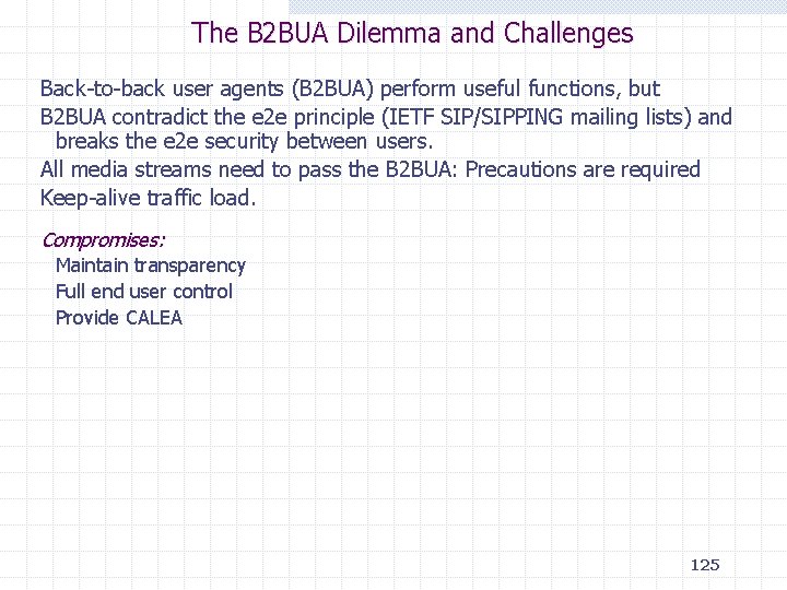 The B 2 BUA Dilemma and Challenges Back-to-back user agents (B 2 BUA) perform