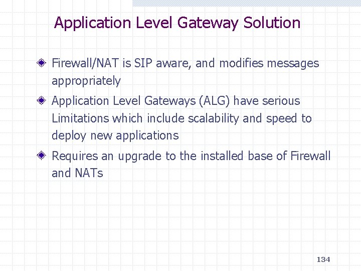 Application Level Gateway Solution Firewall/NAT is SIP aware, and modifies messages appropriately Application Level