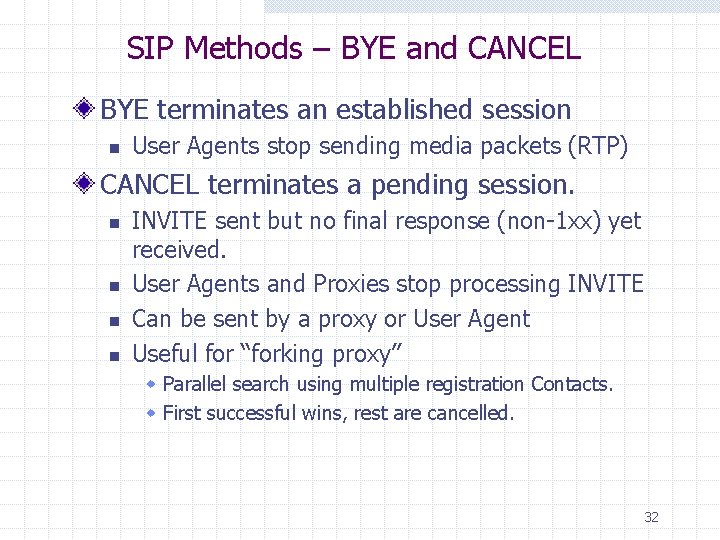 SIP Methods – BYE and CANCEL BYE terminates an established session n User Agents