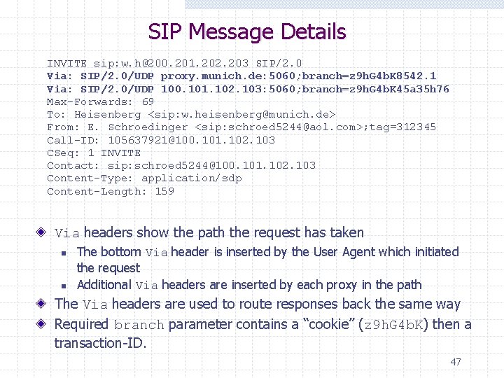 SIP Message Details INVITE sip: w. h@200. 201. 202. 203 SIP/2. 0 Via: SIP/2.