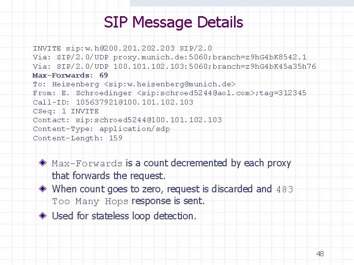 SIP Message Details INVITE sip: w. h@200. 201. 202. 203 SIP/2. 0 Via: SIP/2.