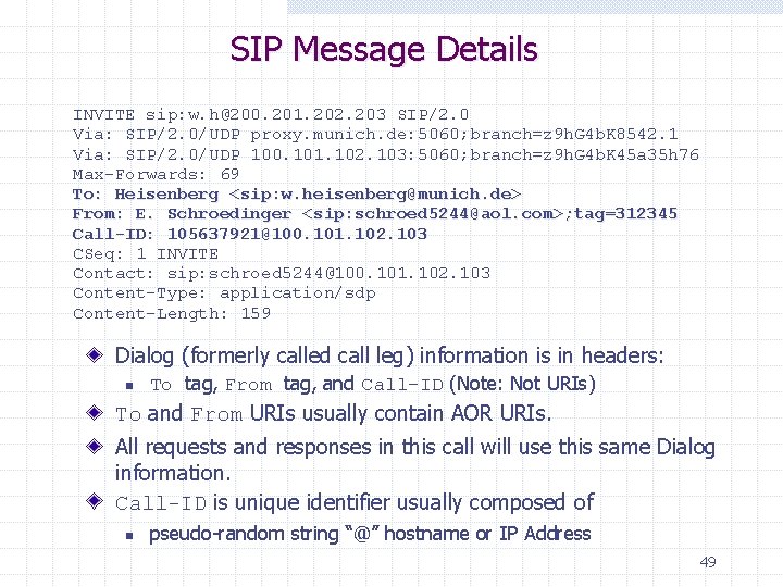 SIP Message Details INVITE sip: w. h@200. 201. 202. 203 SIP/2. 0 Via: SIP/2.