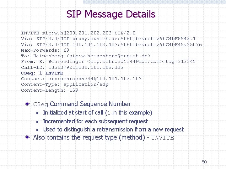 SIP Message Details INVITE sip: w. h@200. 201. 202. 203 SIP/2. 0 Via: SIP/2.