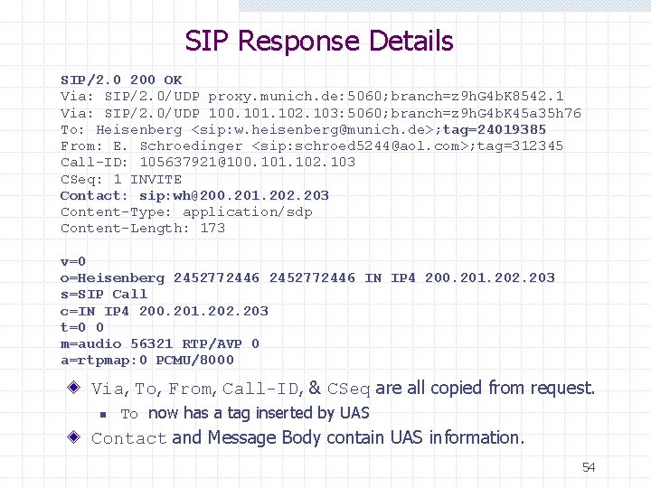 SIP Response Details SIP/2. 0 200 OK Via: SIP/2. 0/UDP proxy. munich. de: 5060;
