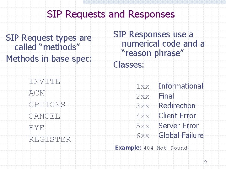 SIP Requests and Responses SIP Request types are called “methods” Methods in base spec: