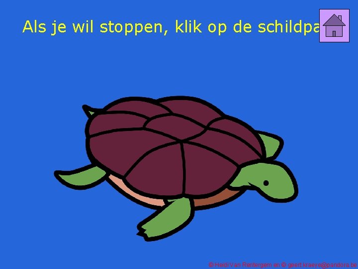 Als je wil stoppen, klik op de schildpad. © Heidi Van Rentergem en ©