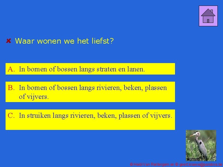 Waar wonen we het liefst? A. In bomen of bossen langs straten en lanen.