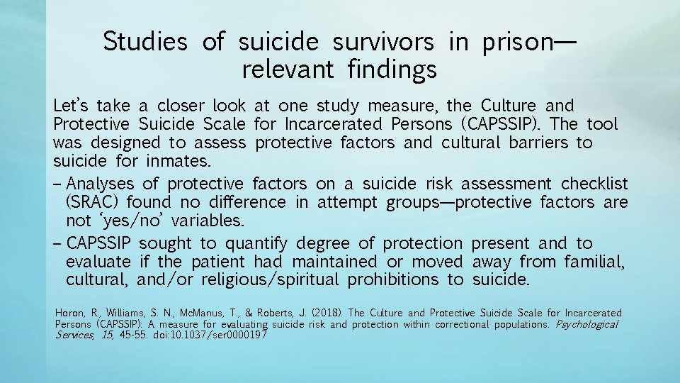 Studies of suicide survivors in prison— relevant findings Let’s take a closer look at