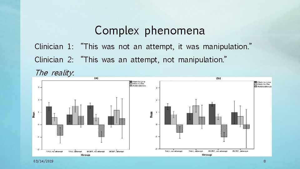 Complex phenomena Clinician 1: “This was not an attempt, it was manipulation. ” Clinician