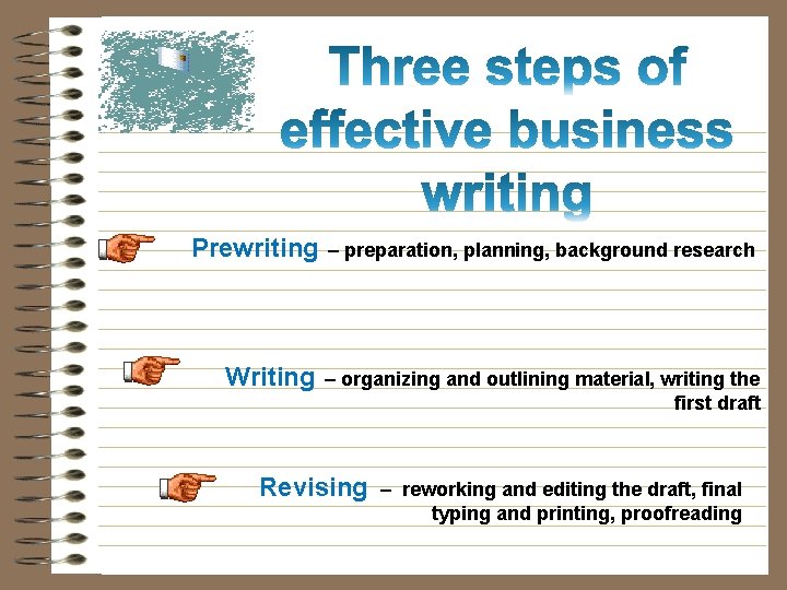 Prewriting – preparation, planning, background research Writing – organizing and outlining material, writing the