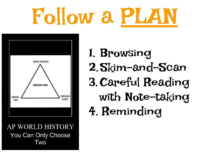 Follow a PLAN 1. Browsing 2. Skim-and-Scan 3. Careful Reading with Note-taking 4. Reminding