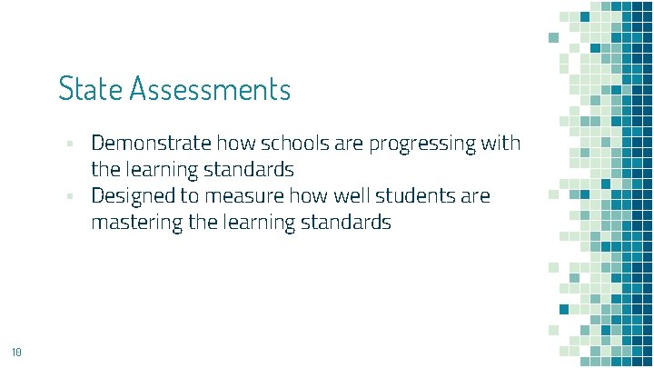 State Assessments ▪ Demonstrate how schools are progressing with the learning standards ▪ Designed State Assessments ▪ Demonstrate how schools are progressing with the learning standards ▪ Designed