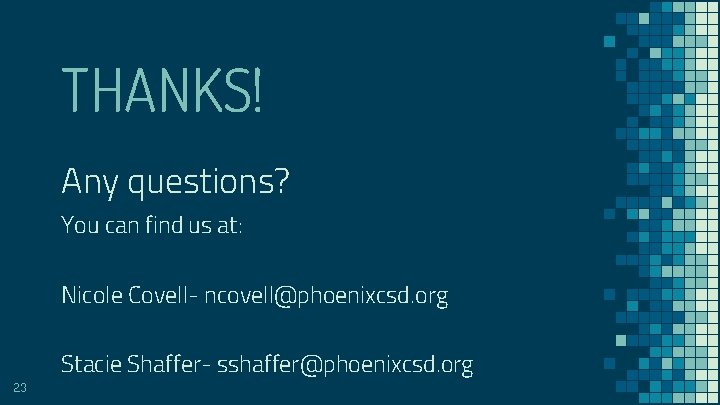 THANKS! Any questions? You can find us at: Nicole Covell- ncovell@phoenixcsd. org 23 Stacie THANKS! Any questions? You can find us at: Nicole Covell- ncovell@phoenixcsd. org 23 Stacie