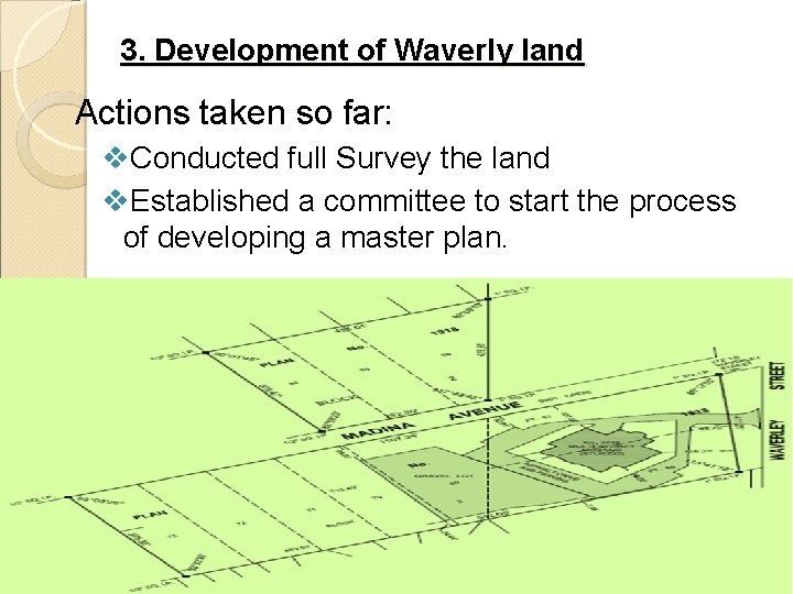 3. Development of Waverly land Actions taken so far: v. Conducted full Survey the