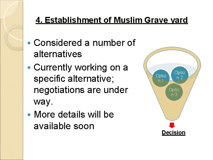 4. Establishment of Muslim Grave yard Considered a number of alternatives § Currently working