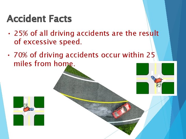 Accident Facts • 25% of all driving accidents are the result of excessive speed.