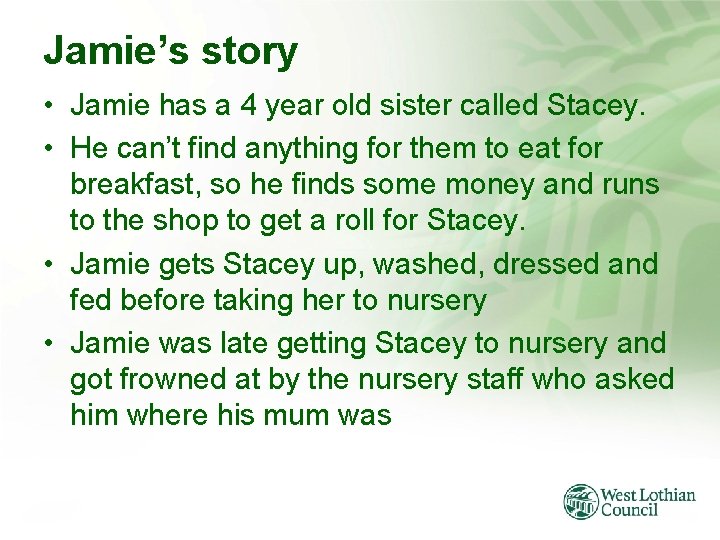 Jamie’s story • Jamie has a 4 year old sister called Stacey. • He