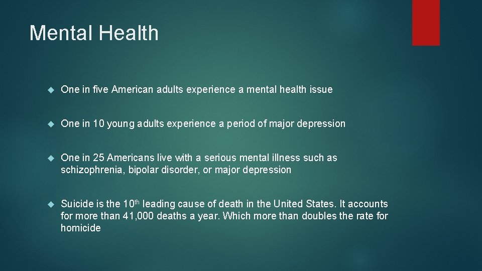 Mental Health One in five American adults experience a mental health issue One in