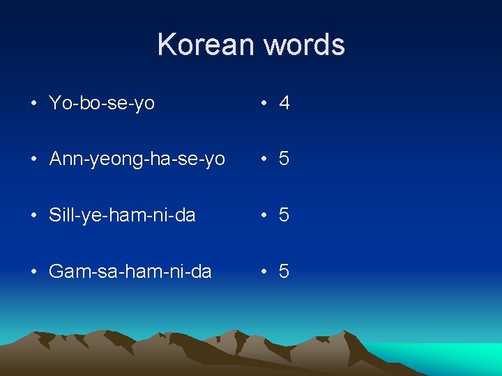 Korean words • Yo-bo-se-yo • 4 • Ann-yeong-ha-se-yo • 5 • Sill-ye-ham-ni-da • 5