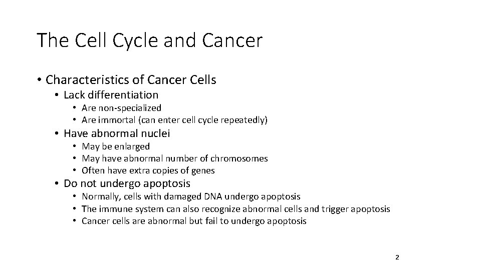 The Cell Cycle and Cancer • Characteristics of Cancer Cells • Lack differentiation •
