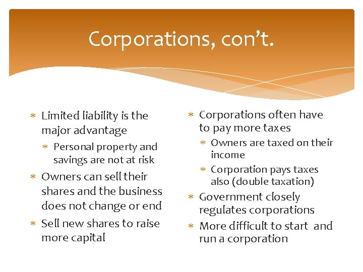 Corporations, con’t. Limited liability is the major advantage Personal property and savings are not
