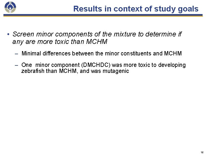 Results in context of study goals • Screen minor components of the mixture to