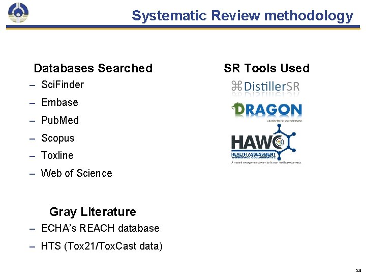 Systematic Review methodology Databases Searched SR Tools Used – Sci. Finder – Embase –