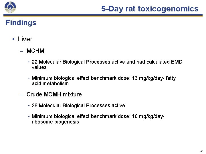 5 -Day rat toxicogenomics Findings • Liver – MCHM • 22 Molecular Biological Processes