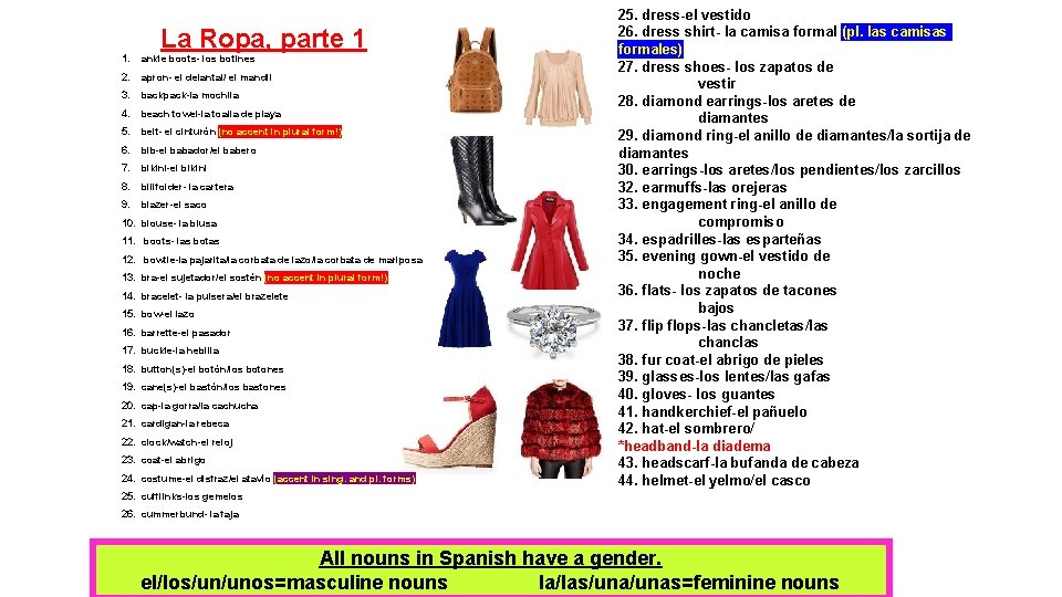 La Ropa, parte 1 1. ankle boots- los botines 2. apron- el delantal/ el