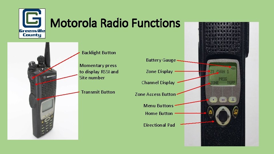 Pu Motorola Radio Functions Backlight Button Momentary press to display RSSI and Site number