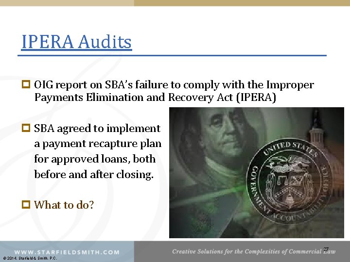 IPERA Audits p OIG report on SBA’s failure to comply with the Improper Payments