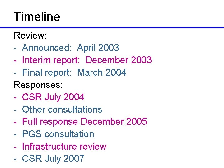 Timeline Review: - Announced: April 2003 - Interim report: December 2003 - Final report: