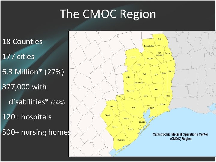 The CMOC Region 18 Counties 177 cities 6. 3 Million* (27%) 877, 000 with
