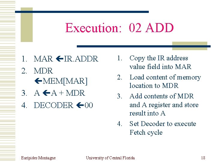 Execution: 02 ADD 1. MAR IR. ADDR 2. MDR MEM[MAR] 3. A A +