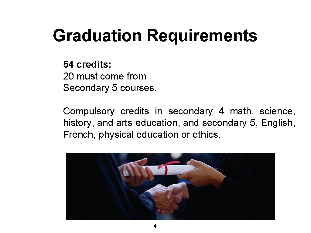 Graduation Requirements 54 credits; 20 must come from Secondary 5 courses. Compulsory credits in